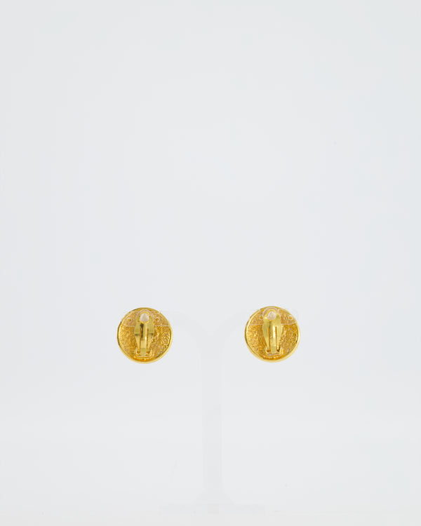 Chanel Vintage Gold and Turquoise Round Clip On Earrings with CC Logo Detail
