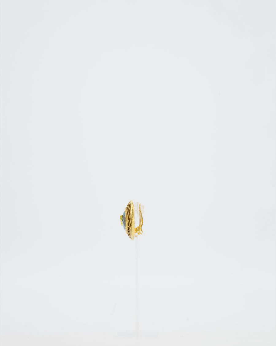 Chanel Vintage Gold and Turquoise Round Clip On Earrings with CC Logo Detail