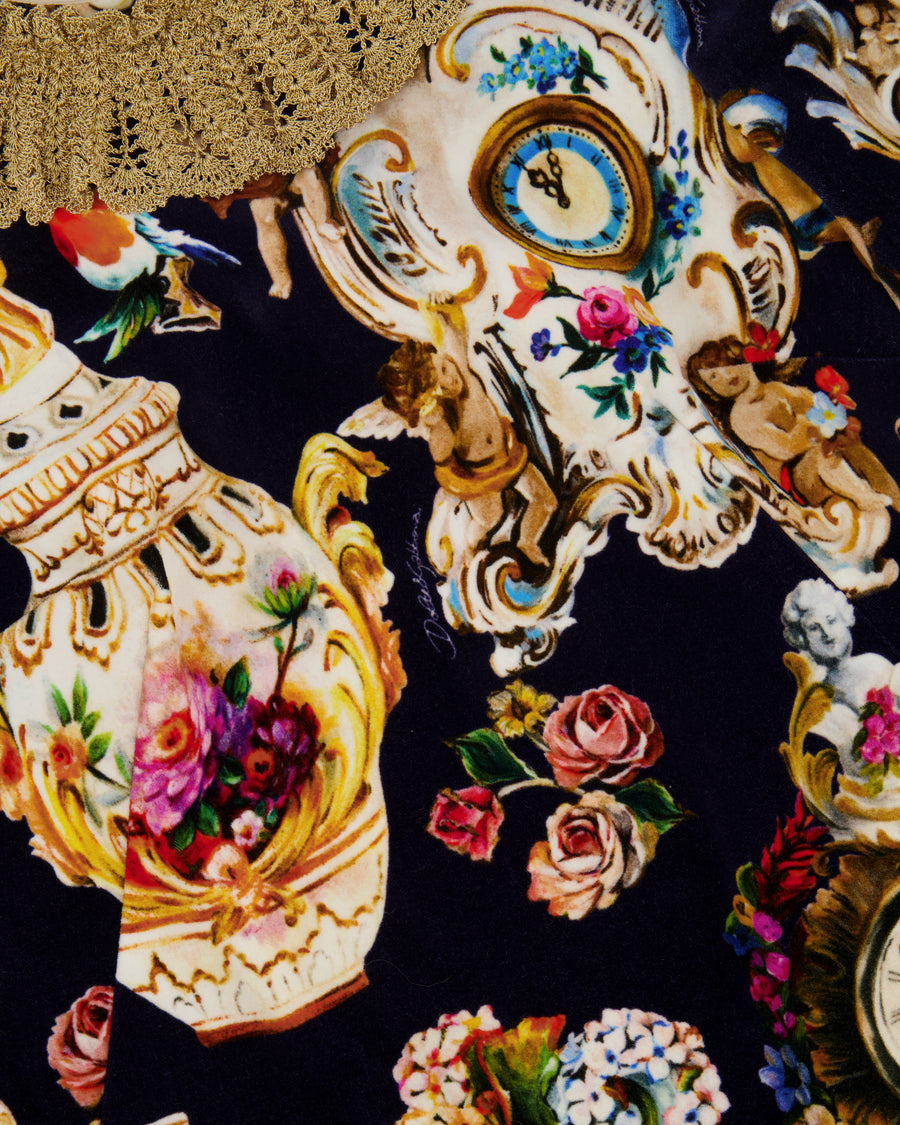 Dolce & Gabbana Navy Velours Long-Sleeved Mini Dress with Baroque Fantasy Prints with Gold Collar and Trim Size IT 40 (UK 8)