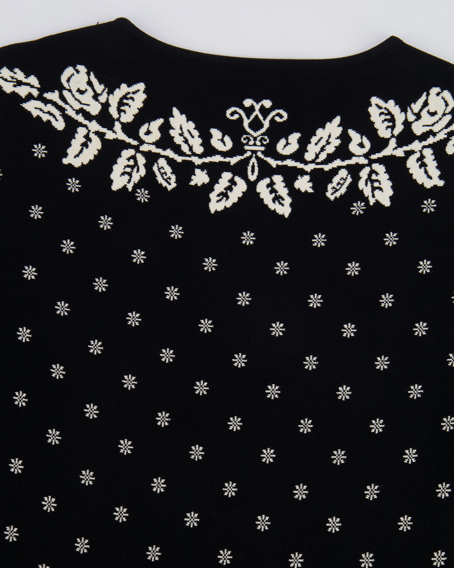 Alexander McQueen Black and White Short-Sleeved Mini Dress with Floral Print Details Size IT 44 (UK 12)