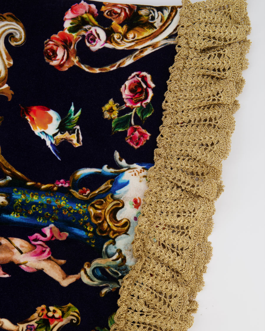 Dolce & Gabbana Navy Velours Long-Sleeved Mini Dress with Baroque Fantasy Prints with Gold Collar and Trim Size IT 40 (UK 8)