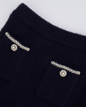 Self Portrait Navy Maxi Skirt with Pearl and Crystal Embellished Button Details Size M (UK 10)