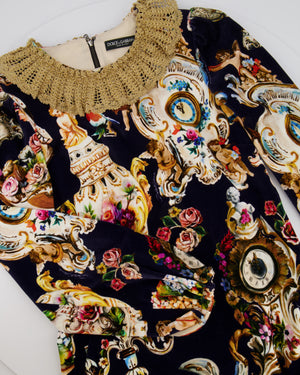 Dolce & Gabbana Navy Velours Long-Sleeved Mini Dress with Baroque Fantasy Prints with Gold Collar and Trim Size IT 40 (UK 8)