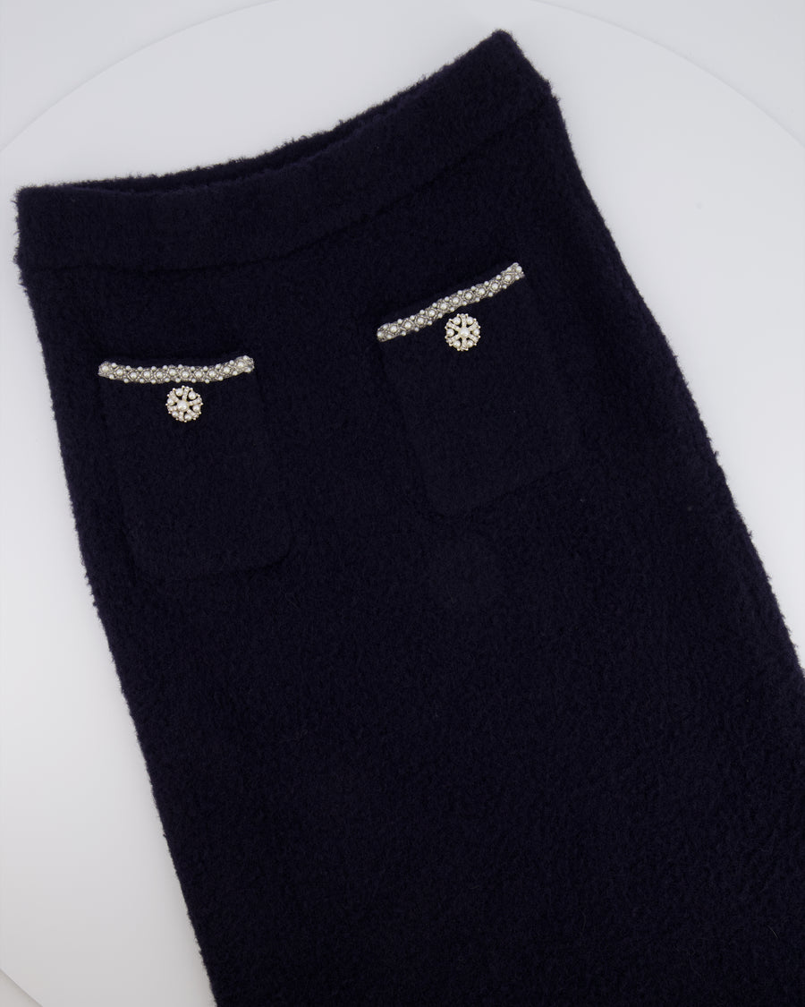 Self Portrait Navy Maxi Skirt with Pearl and Crystal Embellished Button Details Size M (UK 10)