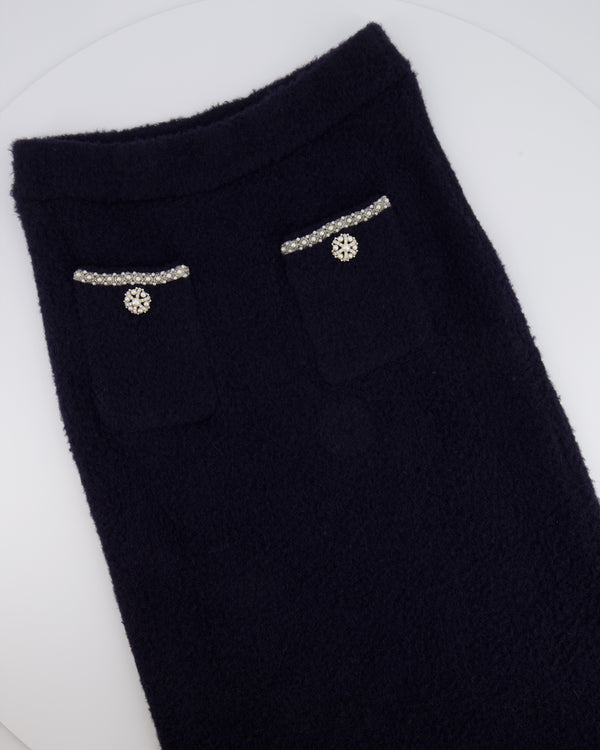Self Portrait Navy Maxi Skirt with Pearl and Crystal Embellished Button Details Size M (UK 10)