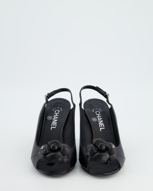 Chanel Black Camelia Leather Heeled Slingback with Open Toe Detail Size EU 37.5