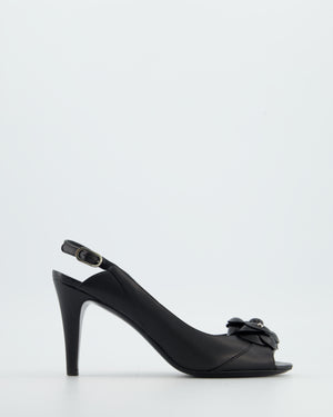 Chanel Black Camelia Leather Heeled Slingback with Open Toe Detail Size EU 37.5