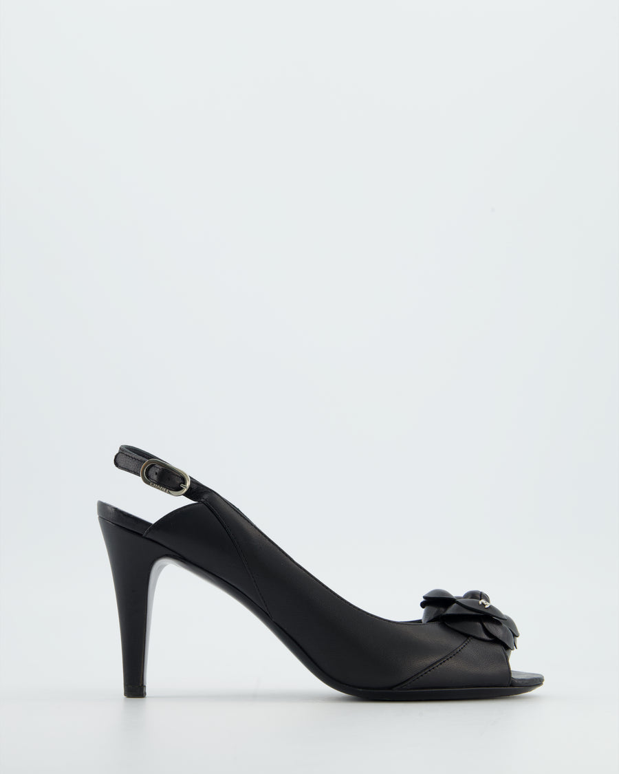 Chanel Black Camelia Leather Heeled Slingback with Open Toe Detail Size EU 37.5