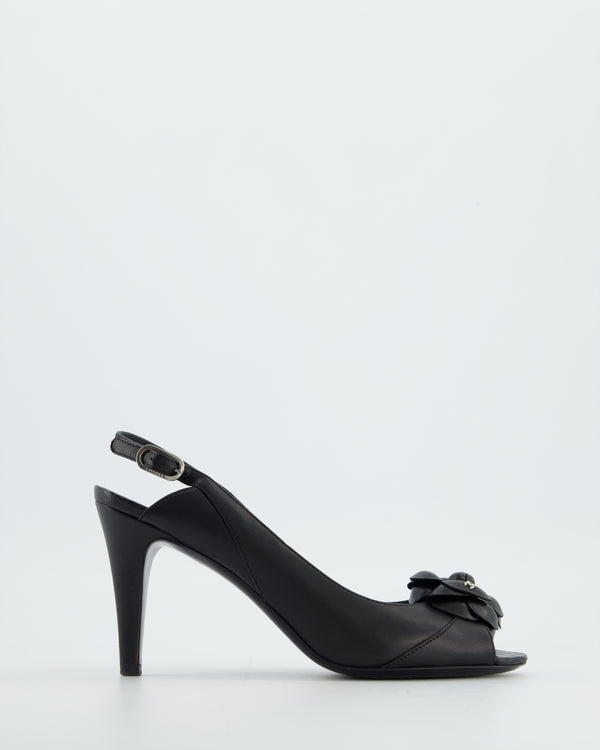 Chanel Black Camelia Leather Heeled Slingback with Open Toe Detail Size EU 37.5