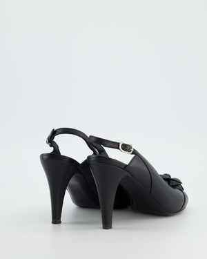 Chanel Black Camelia Leather Heeled Slingback with Open Toe Detail Size EU 37.5