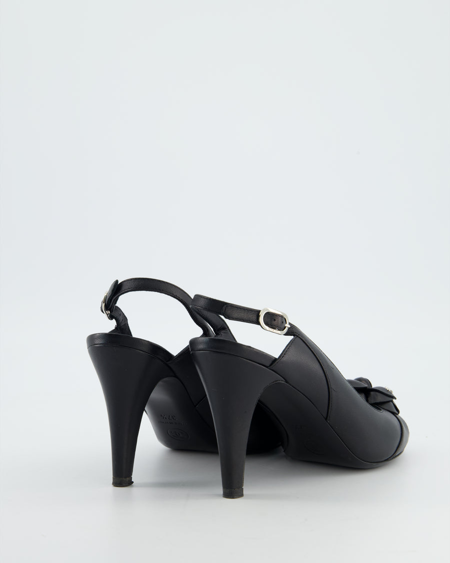 Chanel Black Camelia Leather Heeled Slingback with Open Toe Detail Size EU 37.5