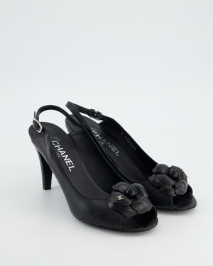Chanel Black Camelia Leather Heeled Slingback with Open Toe Detail Size EU 37.5