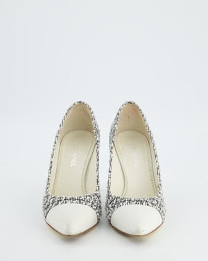 Chanel White & Black Tweed Pump Heels with Pointed Toe & CC Heel Details Size EU 38