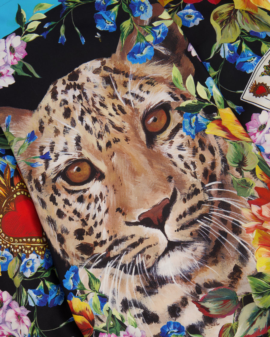 Dolce & Gabbana Black Silk Short-Sleeved Midi Dress with Multi-Colour Floral Print and Leopard Face Detail Size IT 40 (UK 8)