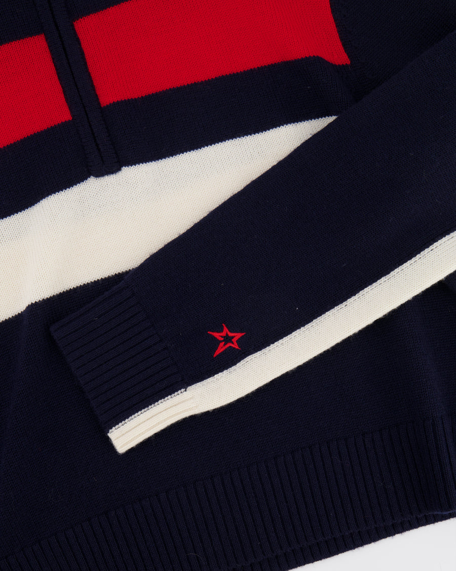 Perfect Moment Navy Wool Quarter-Zip Jumper with Red and White Stripes Size M (UK 10)