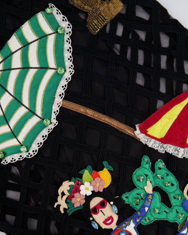 Dolce & Gabbana Black Mesh Caged Midi Dress with Multi-Colour Beach Themed Embellishments, 42 UK 10