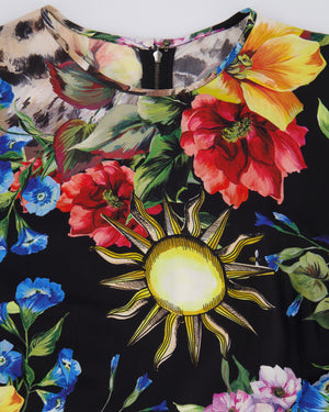Dolce & Gabbana Black Silk Short-Sleeved Midi Dress with Multi-Colour Floral Print and Leopard Face Detail Size IT 40 (UK 8)