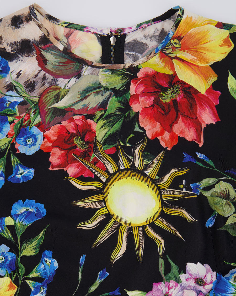 Dolce & Gabbana Black Silk Short-Sleeved Midi Dress with Multi-Colour Floral Print and Leopard Face Detail Size IT 40 (UK 8)
