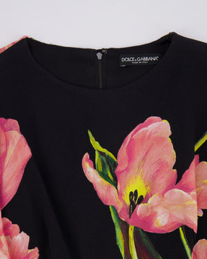 Dolce & Gabbana Black Long-Sleeved Midi Dress with Pink Floral Prints Size IT 44 (UK 12)