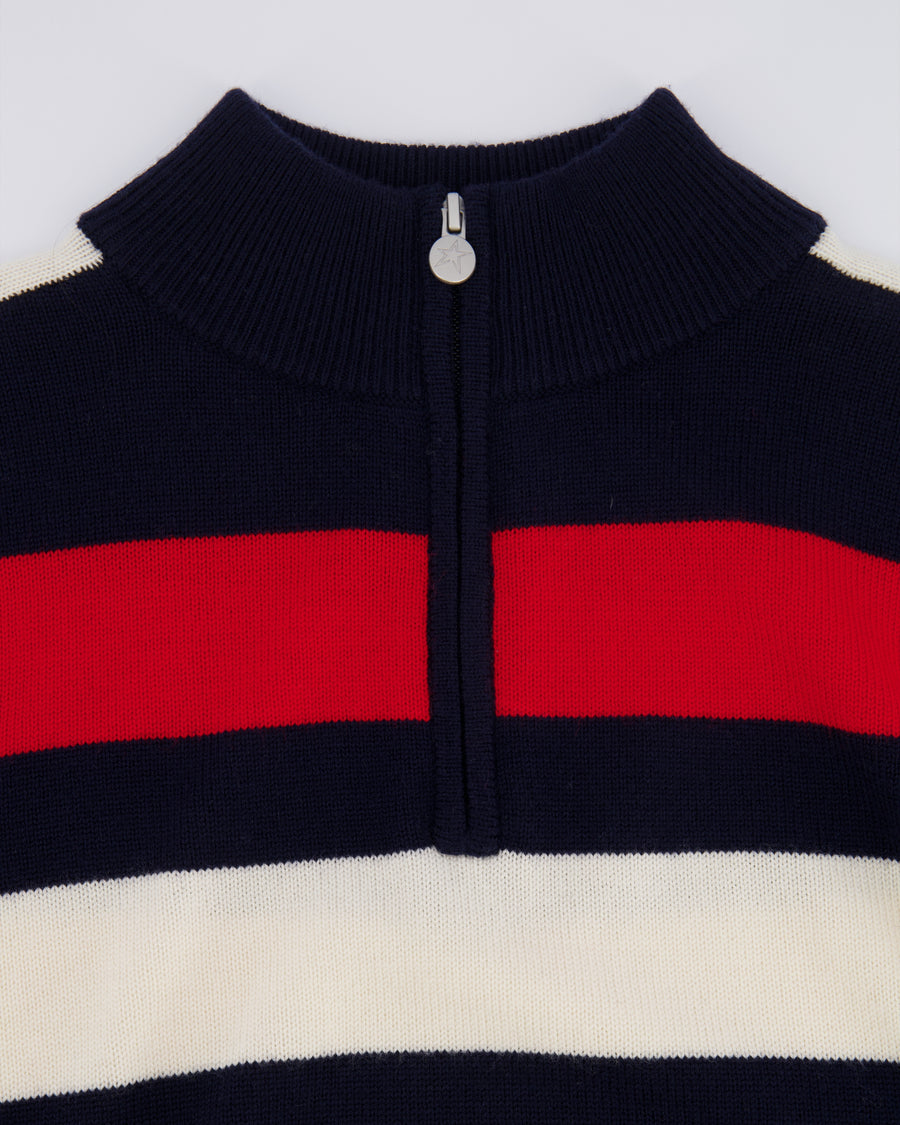 Perfect Moment Navy Wool Quarter-Zip Jumper with Red and White Stripes Size M (UK 10)
