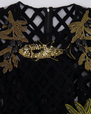 Dolce & Gabbana Black Mesh Caged Midi Dress with Multi-Colour Beach Themed Embellishments, 42 UK 10