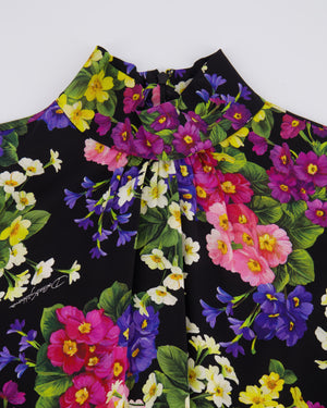 Dolce & Gabbana Black Silk Long-Sleeved Top with Multi-Colour Floral Print Size IT 40 (UK 8)