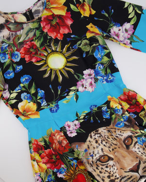 Dolce & Gabbana Black Silk Short-Sleeved Midi Dress with Multi-Colour Floral Print and Leopard Face Detail Size IT 40 (UK 8)