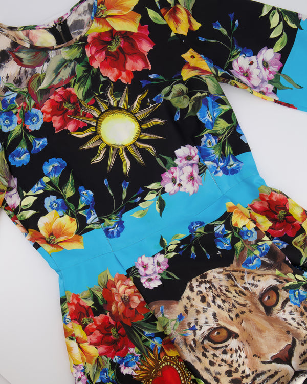 Dolce & Gabbana Black Silk Short-Sleeved Midi Dress with Multi-Colour Floral Print and Leopard Face Detail Size IT 40 (UK 8)