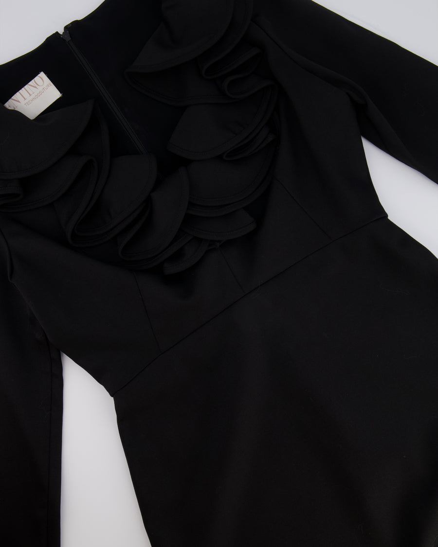 Valentino Black Long-Sleeved Mini Dress with Ruffled Collar Applique Size IT 42 (UK 10)