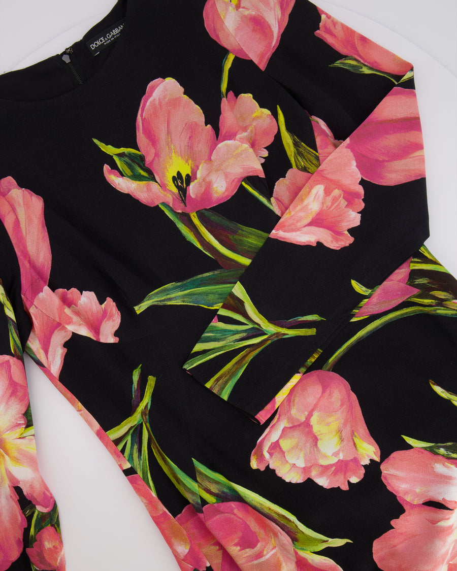 Dolce & Gabbana Black Long-Sleeved Midi Dress with Pink Floral Prints Size IT 44 (UK 12)