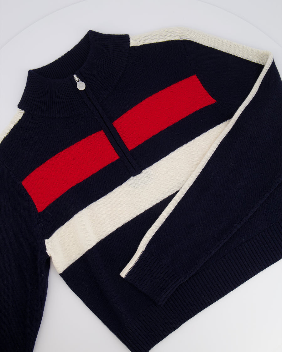 Perfect Moment Navy Wool Quarter-Zip Jumper with Red and White Stripes Size M (UK 10)