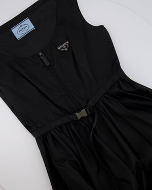 Prada Black Re-Nylon Midi Dress with Silver Buckle and Logo Plate Detail Size IT 42 (UK 10)