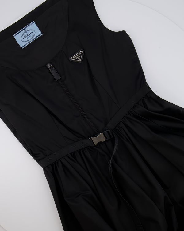 Prada Black Re-Nylon Midi Dress with Silver Buckle and Logo Plate Detail Size IT 42 (UK 10)
