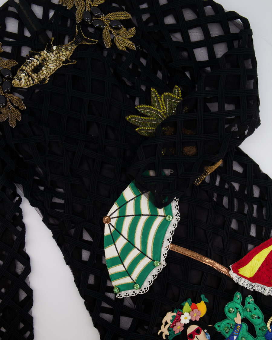 Dolce & Gabbana Black Mesh Caged Midi Dress with Multi-Colour Beach Themed Embellishments, 42 UK 10