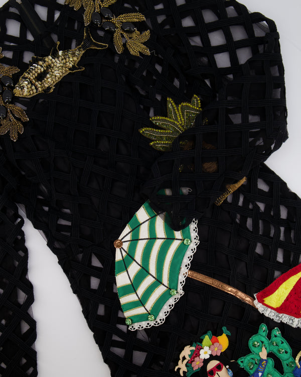 Dolce & Gabbana Black Mesh Caged Midi Dress with Multi-Colour Beach Themed Embellishments, 42 UK 10