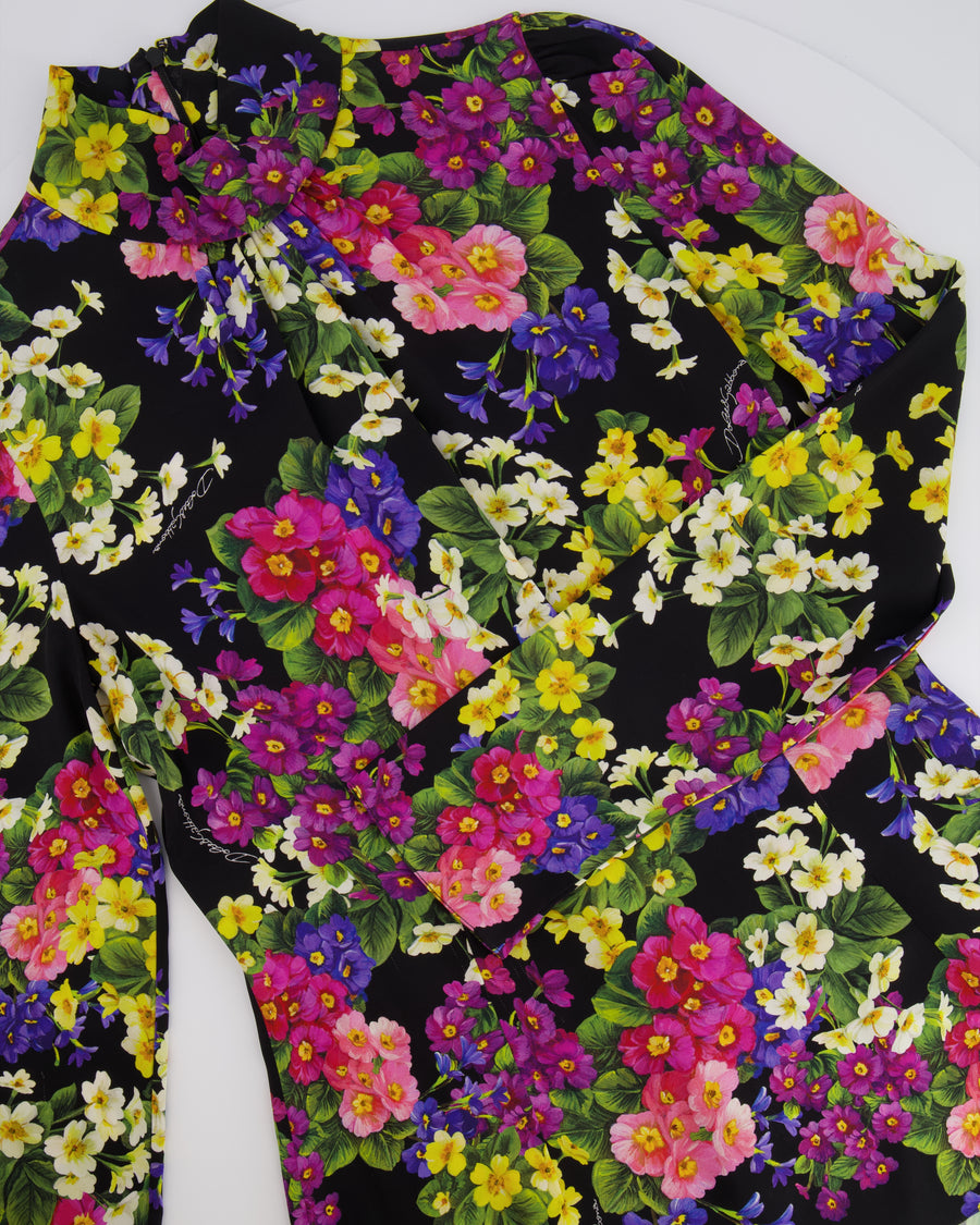 Dolce & Gabbana Black Silk Long-Sleeved Top with Multi-Colour Floral Print Size IT 40 (UK 8)