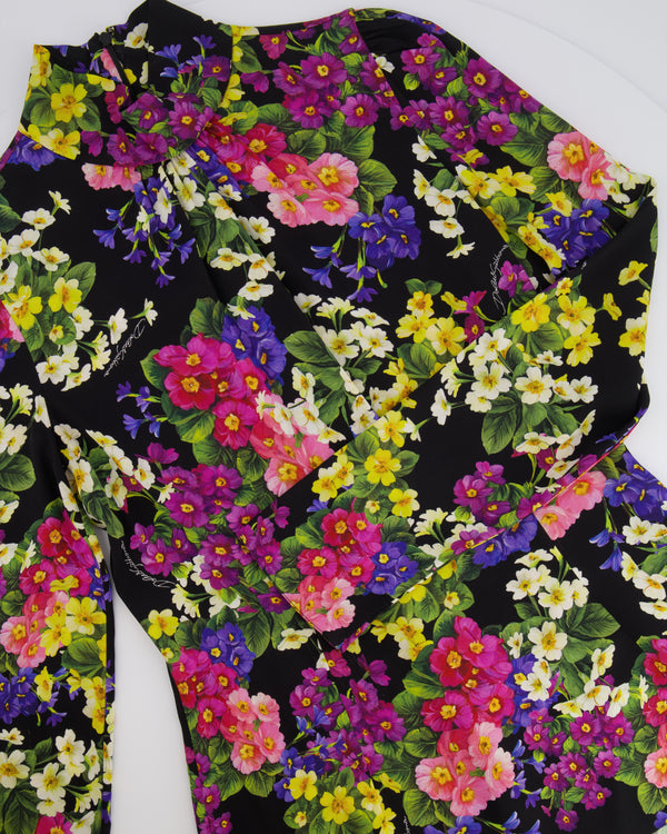 Dolce & Gabbana Black Silk Long-Sleeved Top with Multi-Colour Floral Print Size IT 40 (UK 8)
