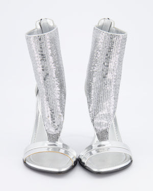 Louis Vuitton Silver Metallic Sequin Embellished Heeled Sandals Size EU 38.5