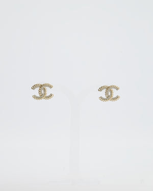Chanel 21C Champagne Gold Small CC Earrings with Crystal Details