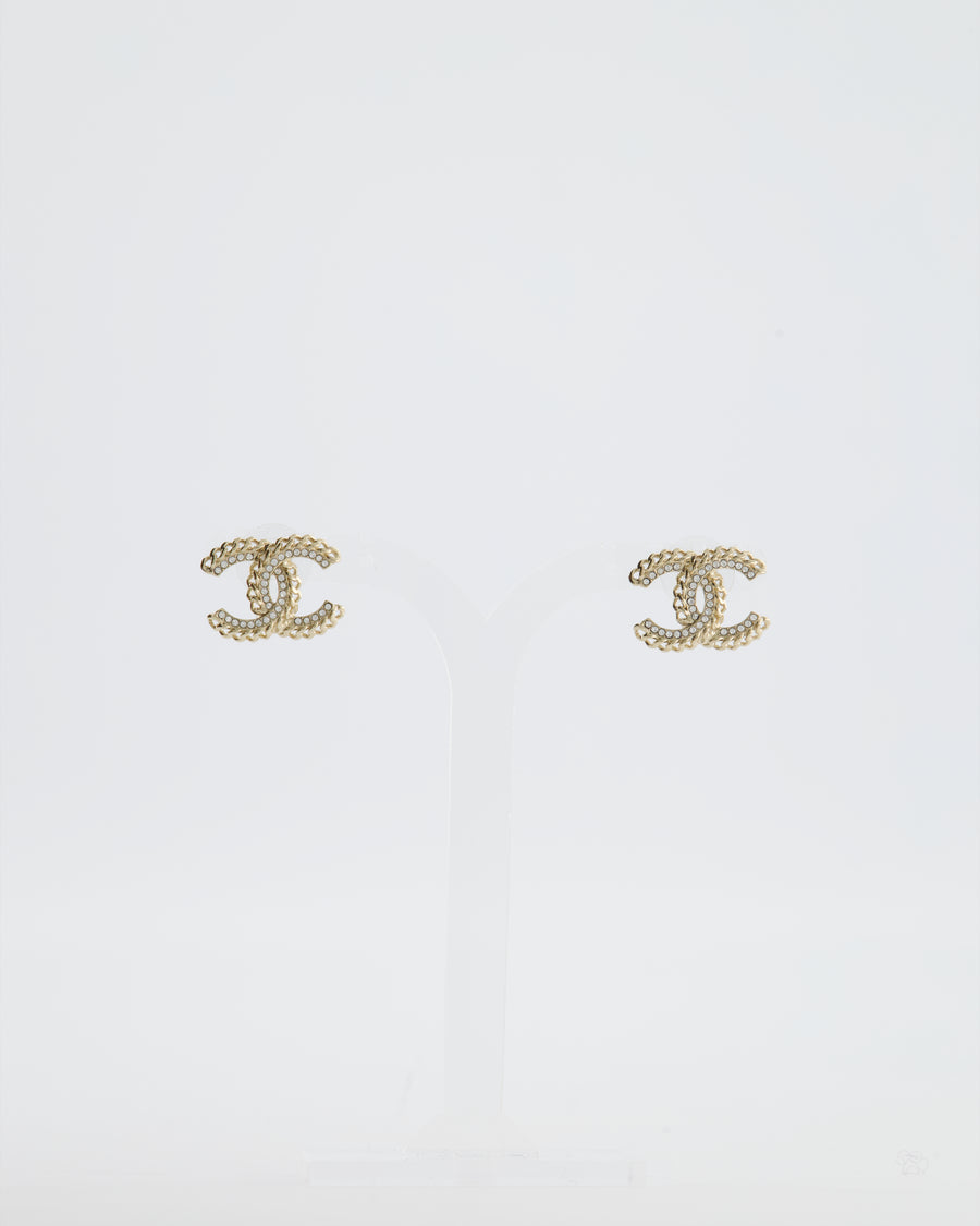 Chanel 21C Champagne Gold Small CC Earrings with Crystal Details