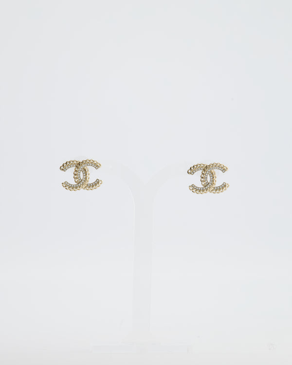 Chanel 21C Champagne Gold Small CC Earrings with Crystal Details