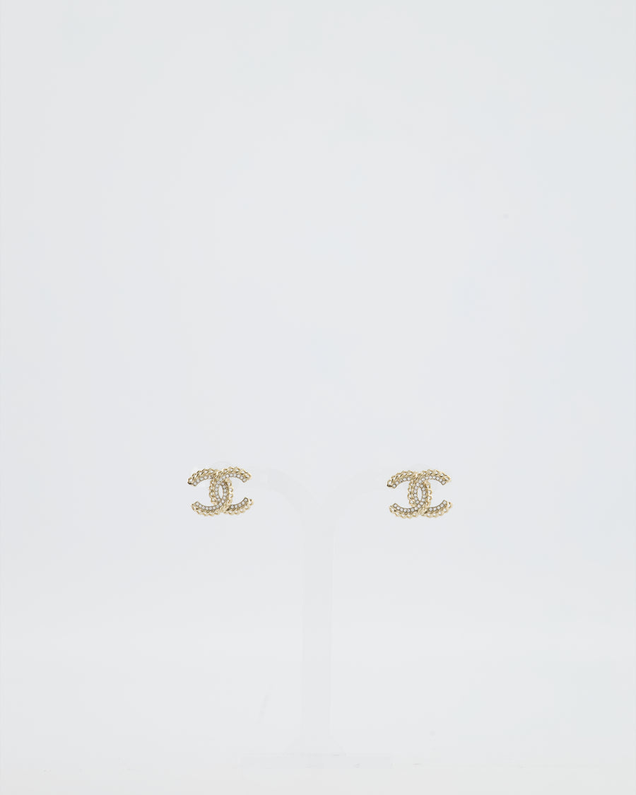 Chanel 21C Champagne Gold Small CC Earrings with Crystal Details