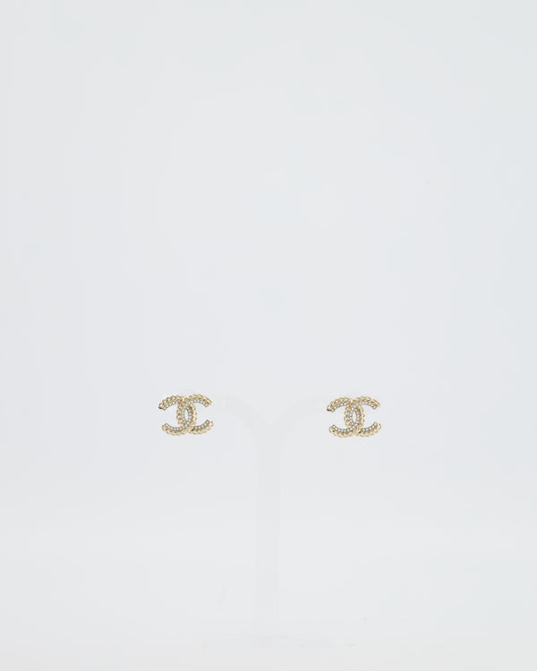 Chanel 21C Champagne Gold Small CC Earrings with Crystal Details