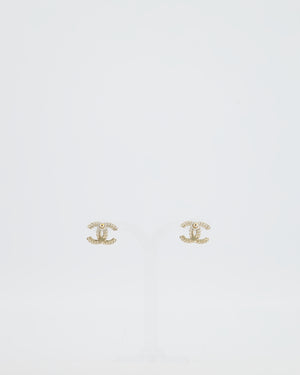 Chanel 21C Champagne Gold Small CC Earrings with Crystal Details
