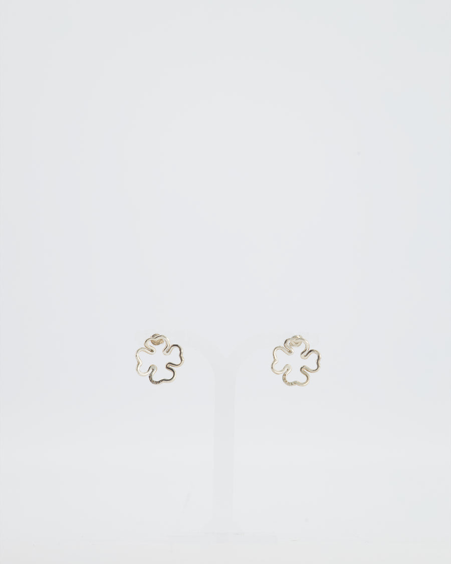Chanel Champagne Gold and Four Leaf Clover Earrings with Logo Detail
