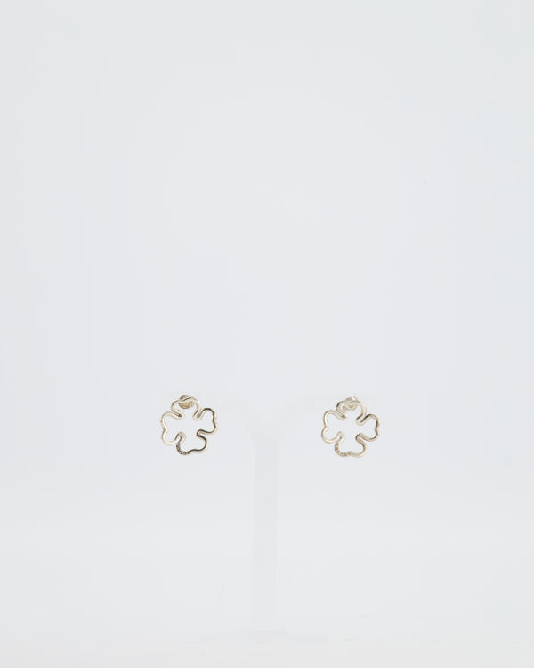 Chanel Champagne Gold and Four Leaf Clover Earrings with Logo Detail