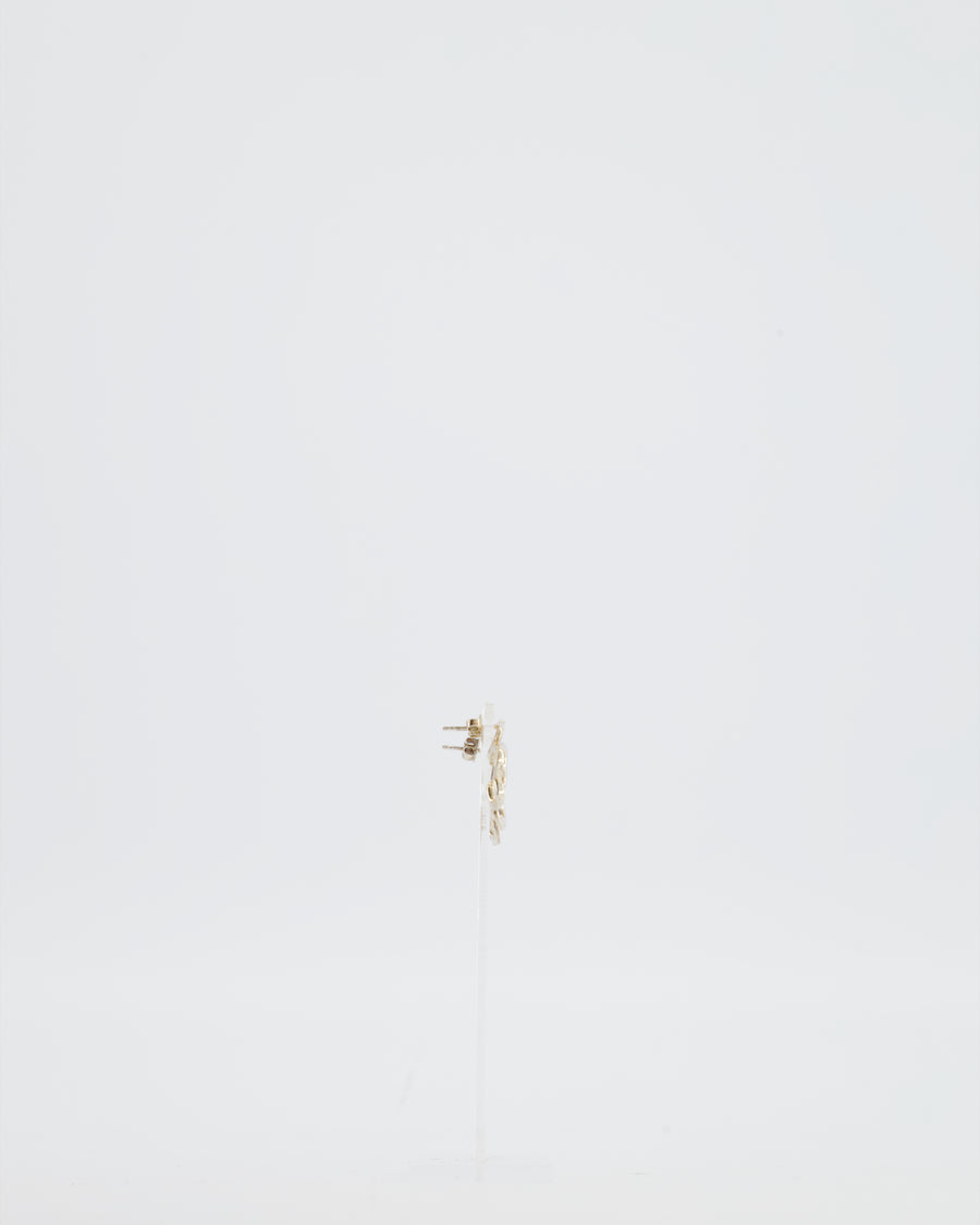 Chanel Champagne Gold and Four Leaf Clover Earrings with Logo Detail