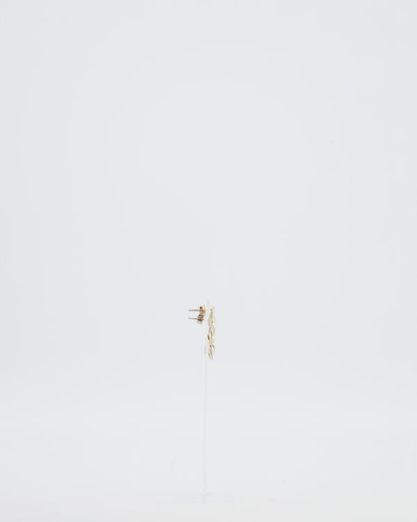 Chanel Champagne Gold and Four Leaf Clover Earrings with Logo Detail