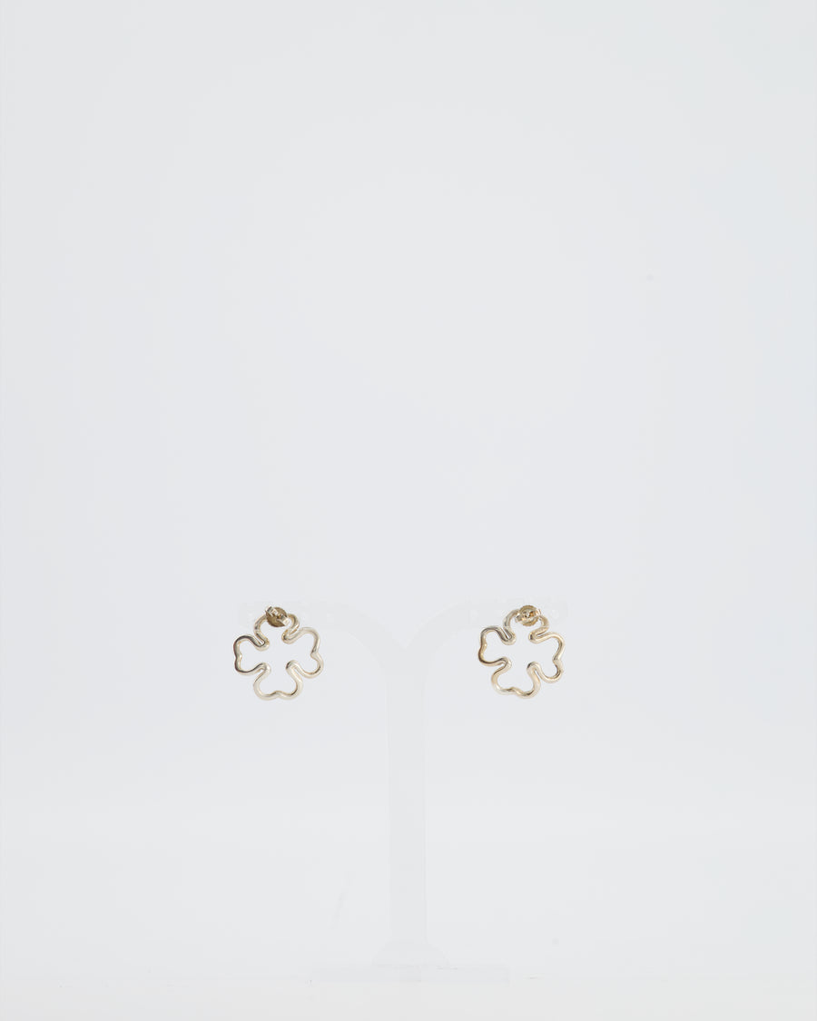 Chanel Champagne Gold and Four Leaf Clover Earrings with Logo Detail
