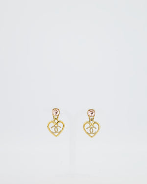 Chanel 23C Gold Heart Pendant Earrings with Pink Stone & Crystal CC Detail